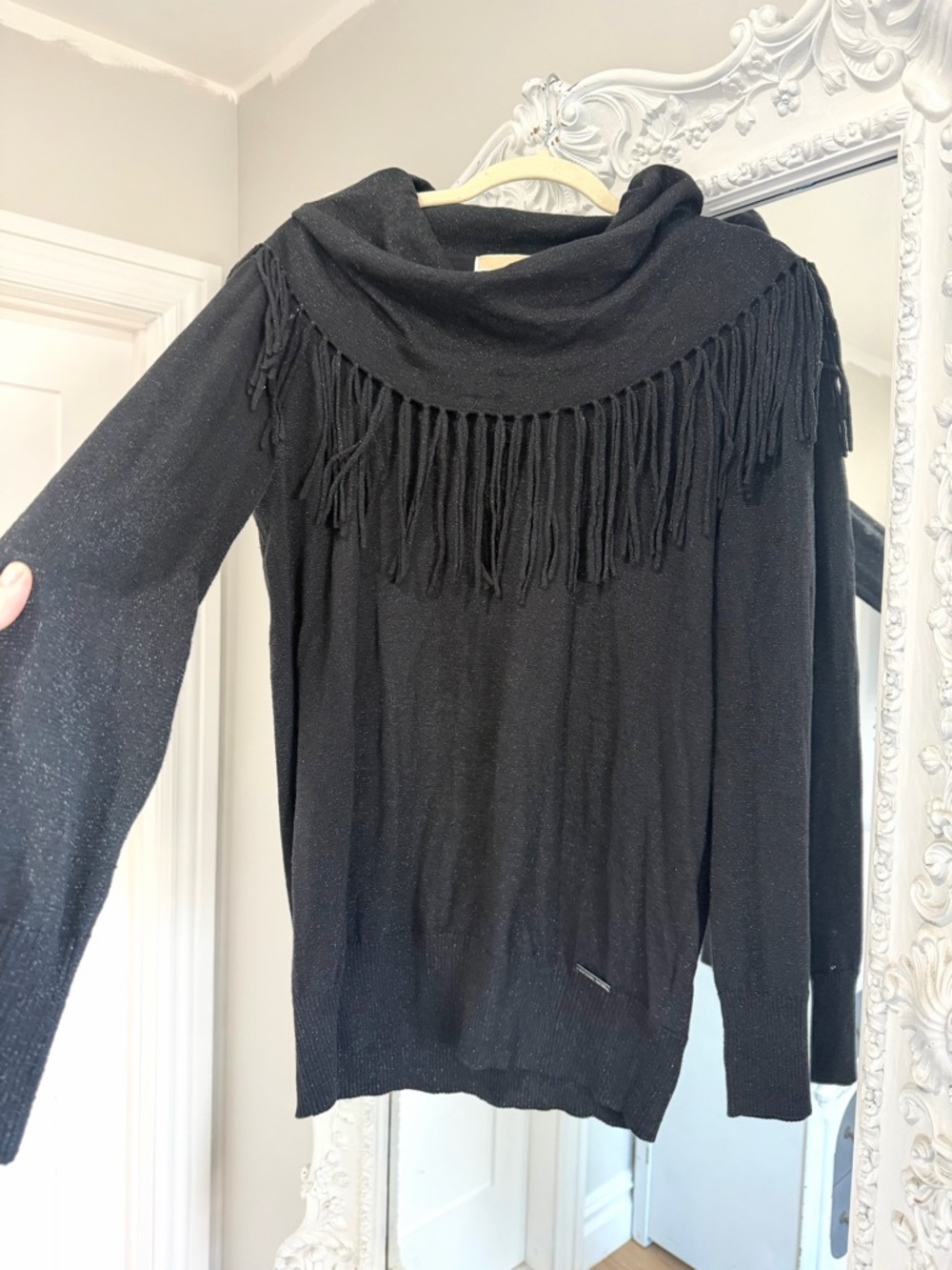 MICHAEL Michael Kors Black Fringe Cowl Neck Metallic Sweater Top